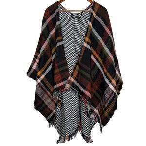 Steve Madden Reversible Plaid Houndstooth Poncho‎ Cape Shawl OSFM Women